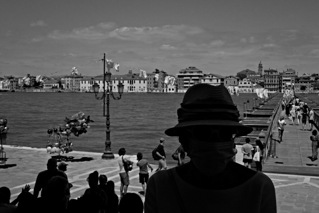 People on the votive bridge during the redentore celebrations in Venice